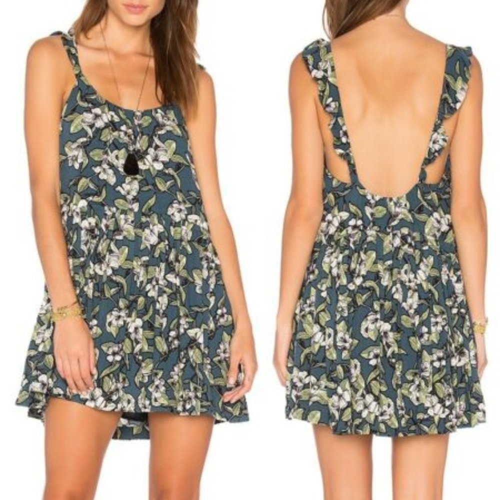 Free People Floral Mini Dress in Teal and White